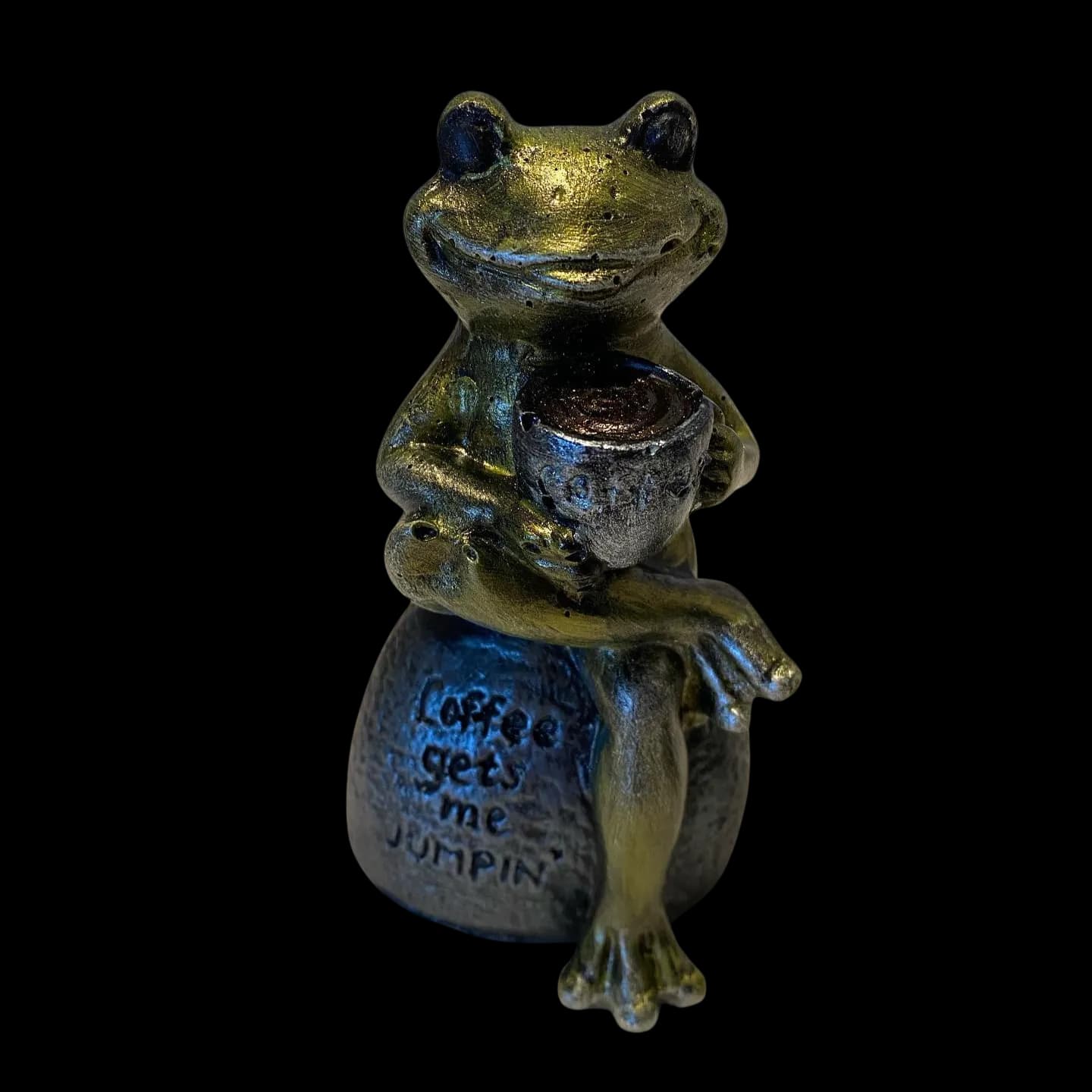 Frog drinking coffee sculpture